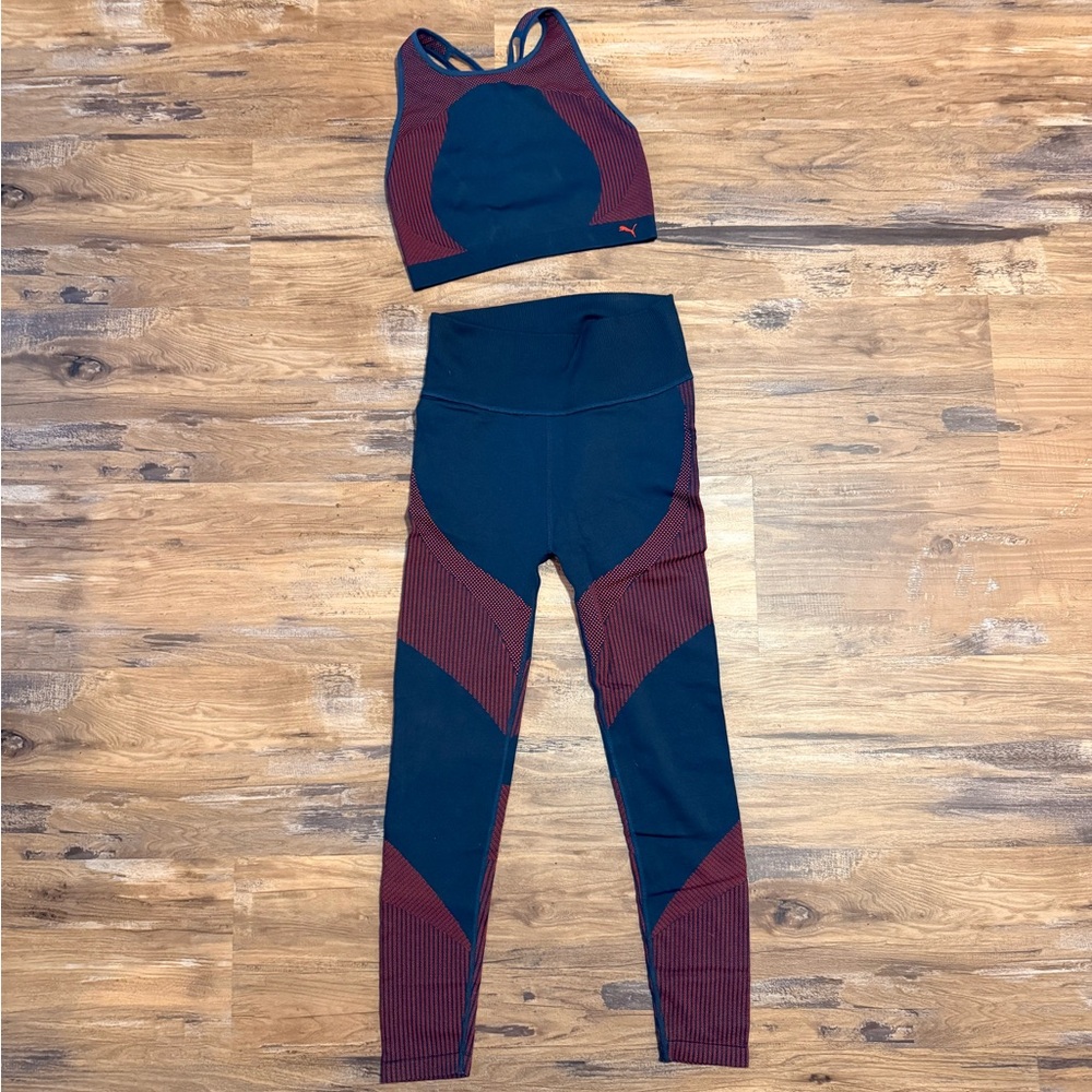 PUMA Navy & Burgundy Seamless Ribbed Active Set - Top & High-Waist Leggings